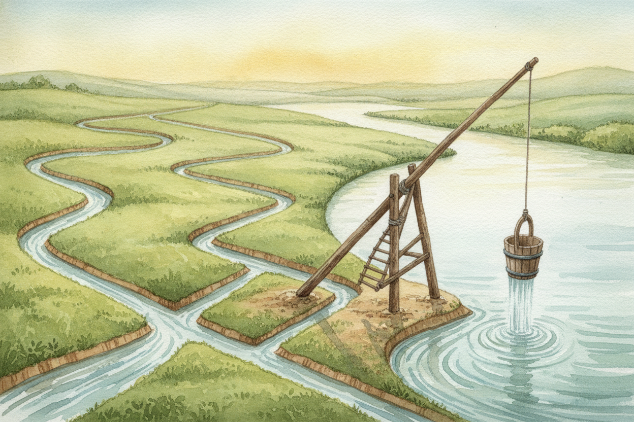 To stretch the water even further from the river's edge, they dug canals and built little gates and basins to trap the f
