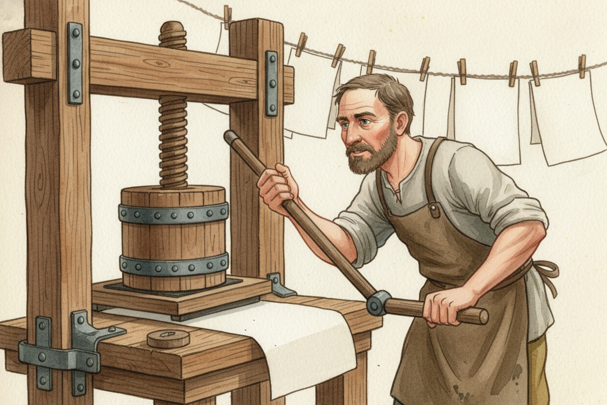 The machine he built was called a ++printing press++. It worked **like a giant wine press**, squashing inked letters ont