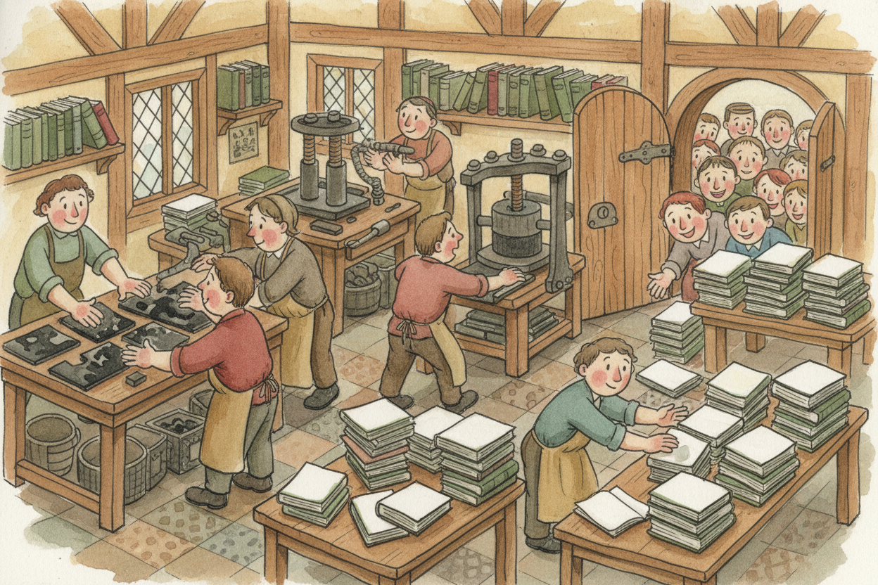 ~~Books exploded across Europe.~~ By 1500 — **just 60 years later** — print shops had made **20 million books**. That's 