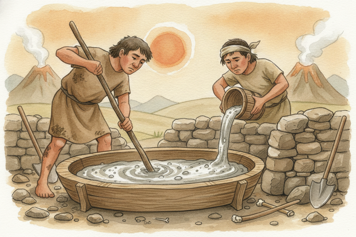 그들의 비밀 접착제는 무엇이었을까요? 화산재에 석회와 물을 섞어 만든 특별한 로마 콘크리트였습니다. ~~놀랍게도~~ 그것은 **물속에서도 단단하게 굳을 수 있었습니다**. 그리고 시간이 지나며 부서지는 대신, 안에서