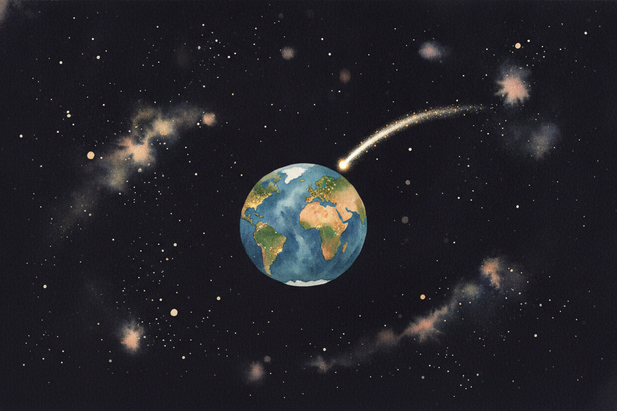 And way up there, the old ++beach-ball satellite++ that started it all is long gone — but **the sky it opened never clos