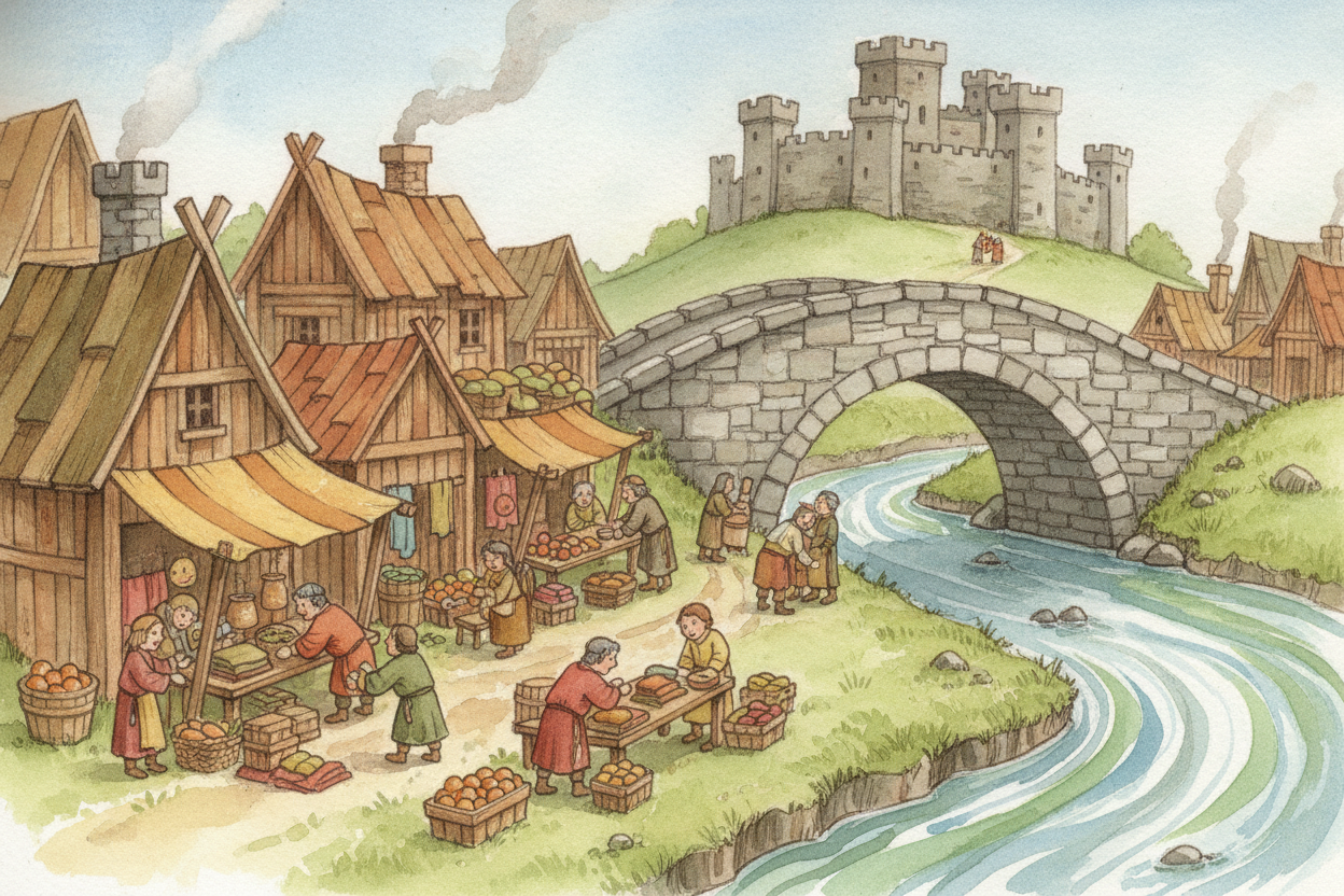 With **extra food to sell**, people needed a place to meet and swap it. So they gathered at a handy spot — a river cross