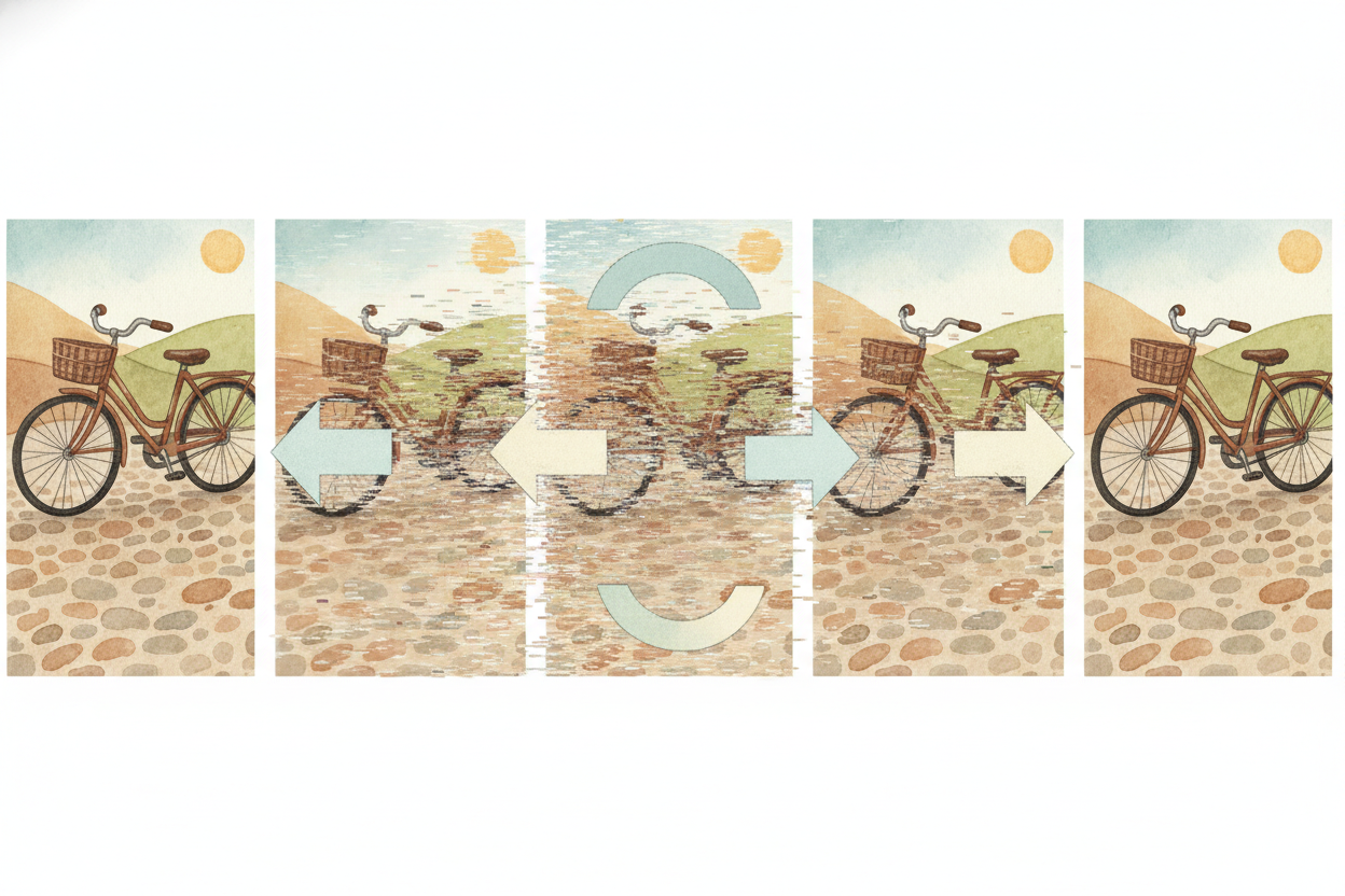 During training, the AI practices **millions of times**. Humans show it a real photo, then add static to it—_a little, t