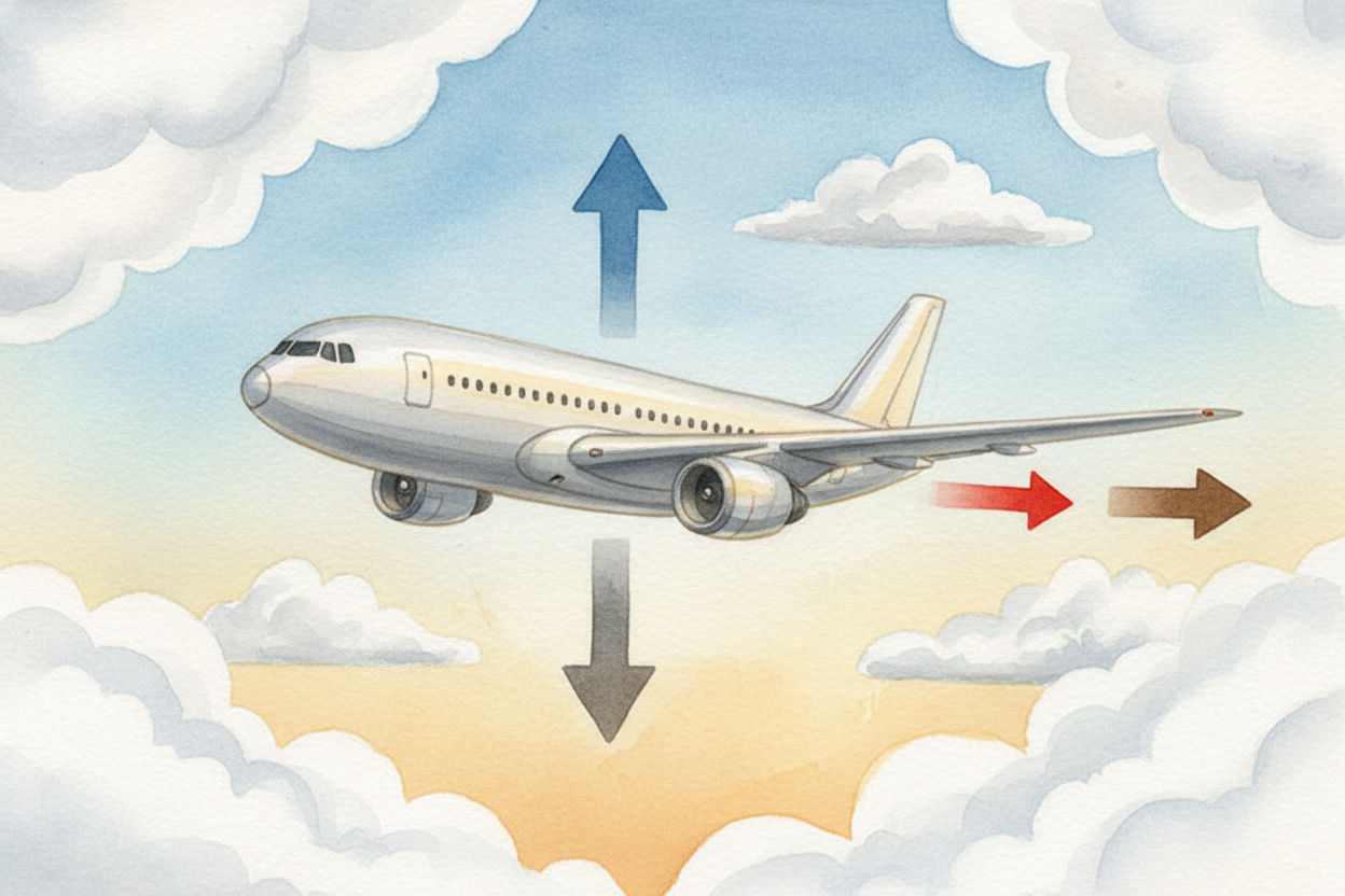 Once you're in the air, **four forces are locked in a dance**. *Lift pushes up*. *Weight pulls down*. Thrust from the en