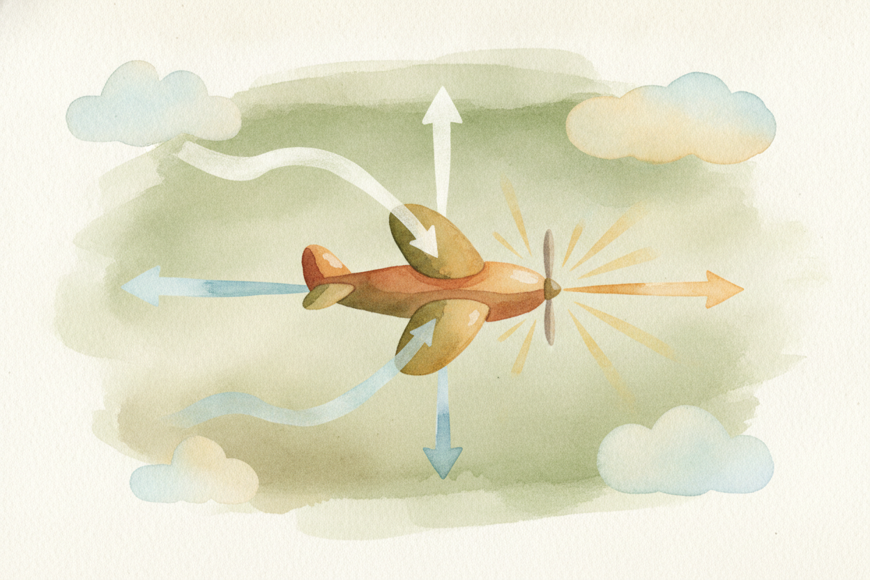 So every airplane is really a ~~tug-of-war between four invisible players~~. **Thrust pulls it forward**; **drag (the ai