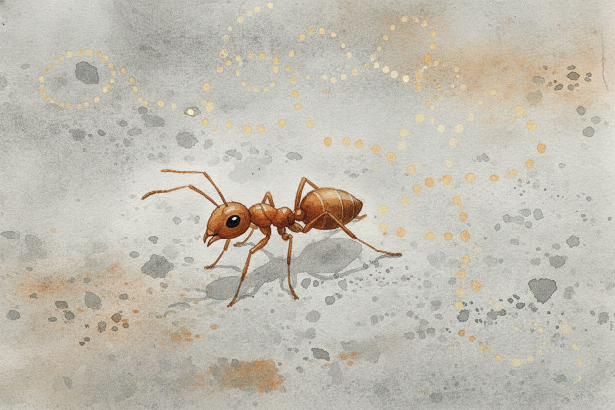 The first ant that finds your crumb is ~~basically lost~~. She's wandering everywhere, zigzagging across the concrete, c