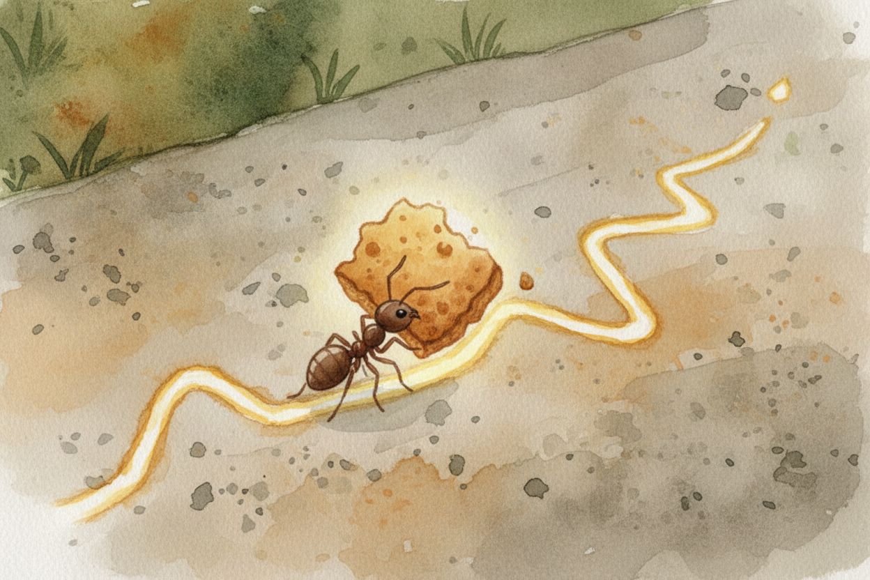 When she finally stumbles onto the crumb, ~~she picks up a piece and turns around~~. Now she follows her own scent trail