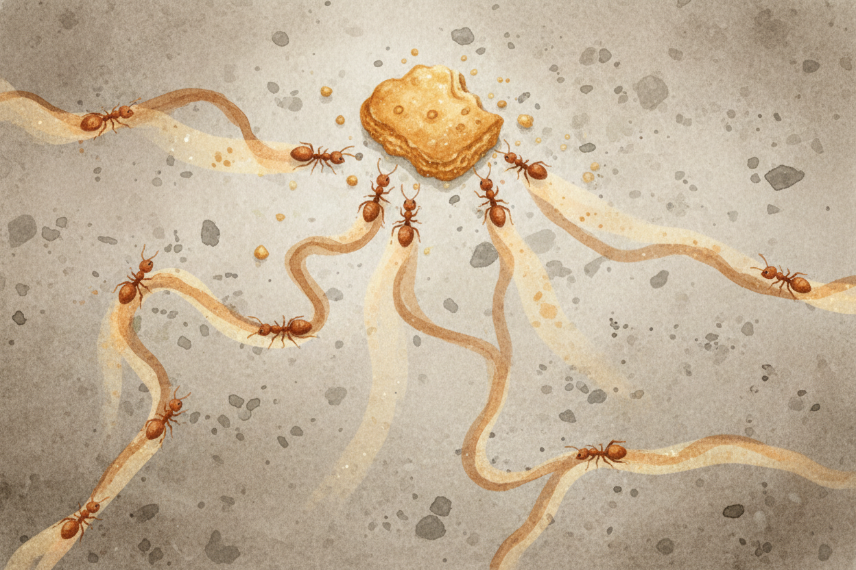 Other ants smell that pheromone trail and follow it. ~~But here's the trick:~~ *they don't follow it perfectly*. They wa