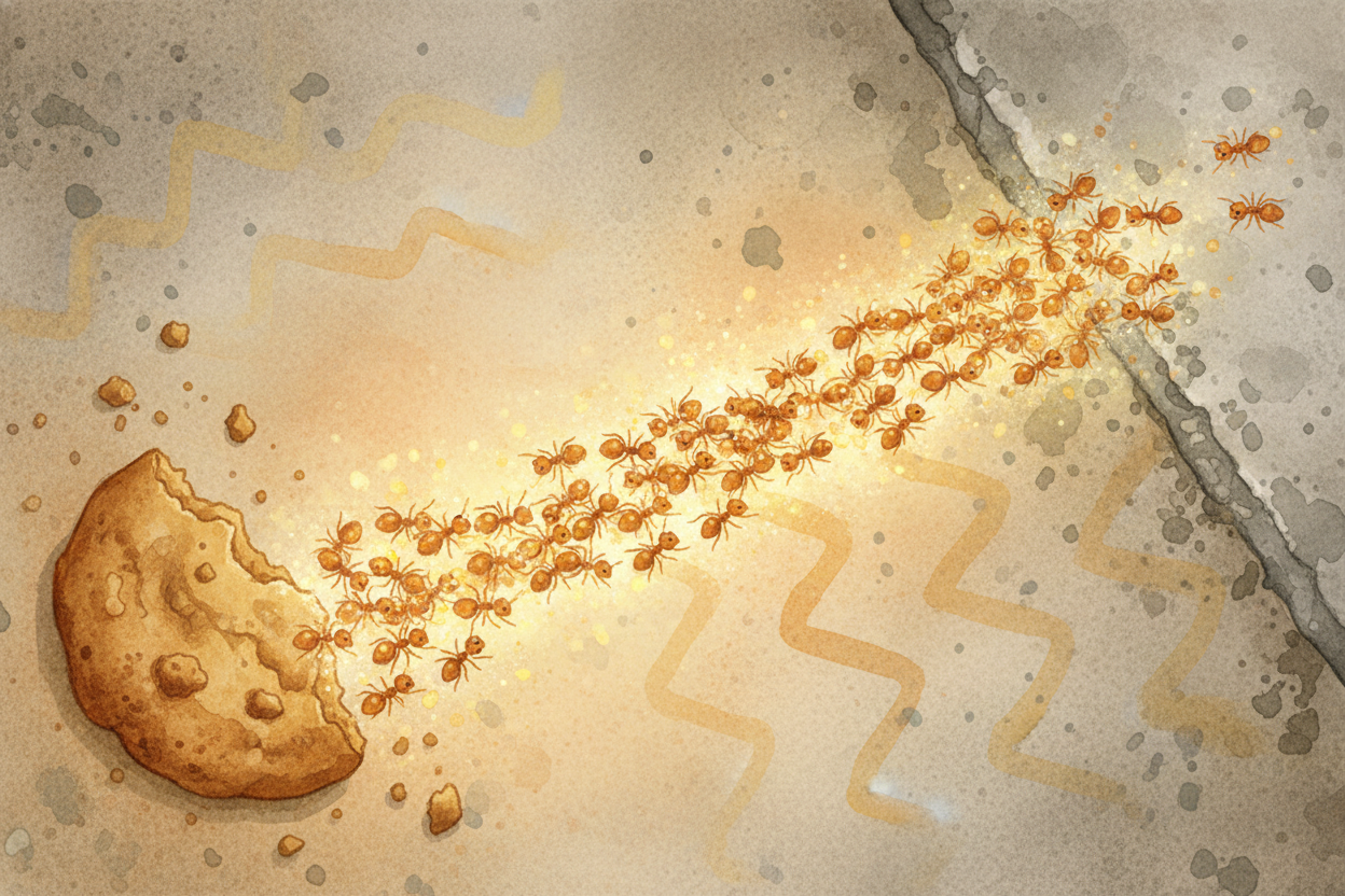 Within an hour, the shortest path is a ~~pheromone superhighway~~. It's the *brightest, strongest-smelling route*, so al