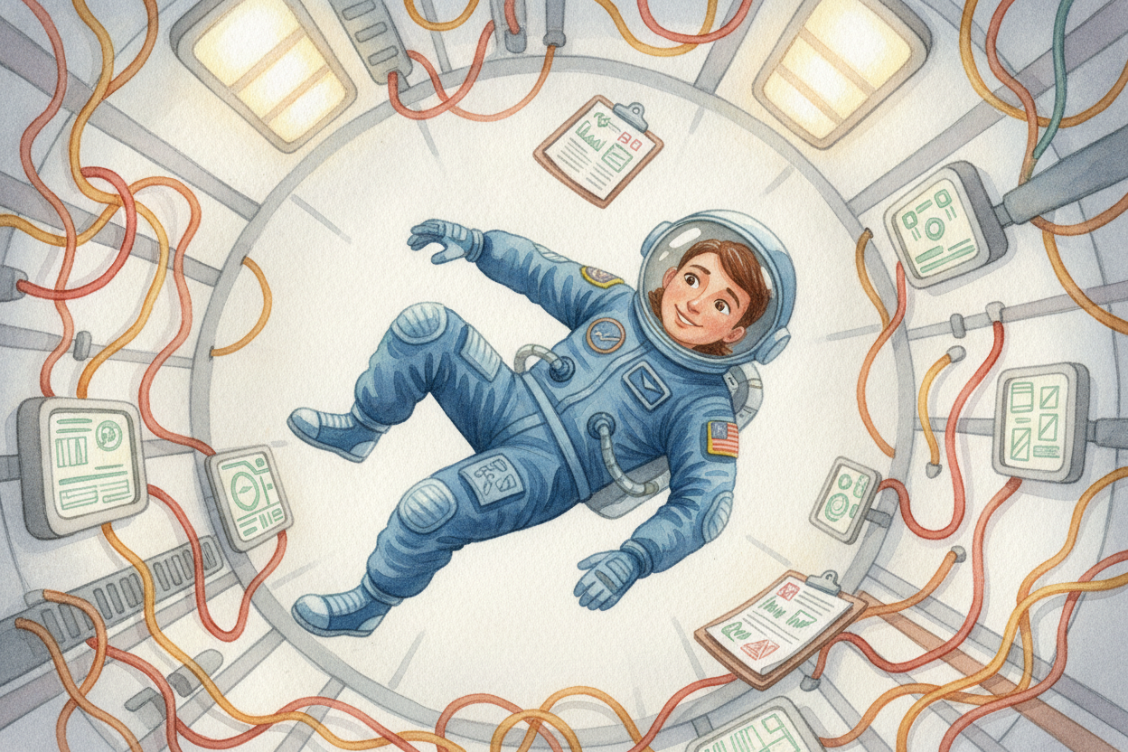 ~~The first thing space steals is "down."~~ On Earth, gravity glues your feet to the floor. Up here, the station is **fa