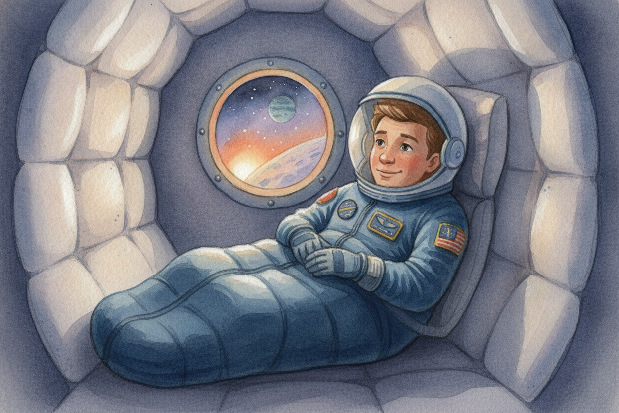 Bedtime needs no mattress, because ~~there's no "lying down."~~ Each astronaut climbs into a sleeping bag **clipped to t