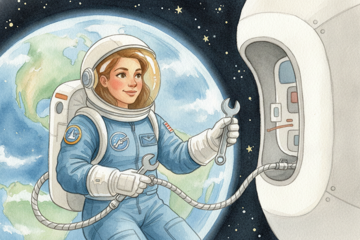 Sometimes the job is outside. When something breaks on the station's skin, astronauts put on a spacesuit — really a **ti