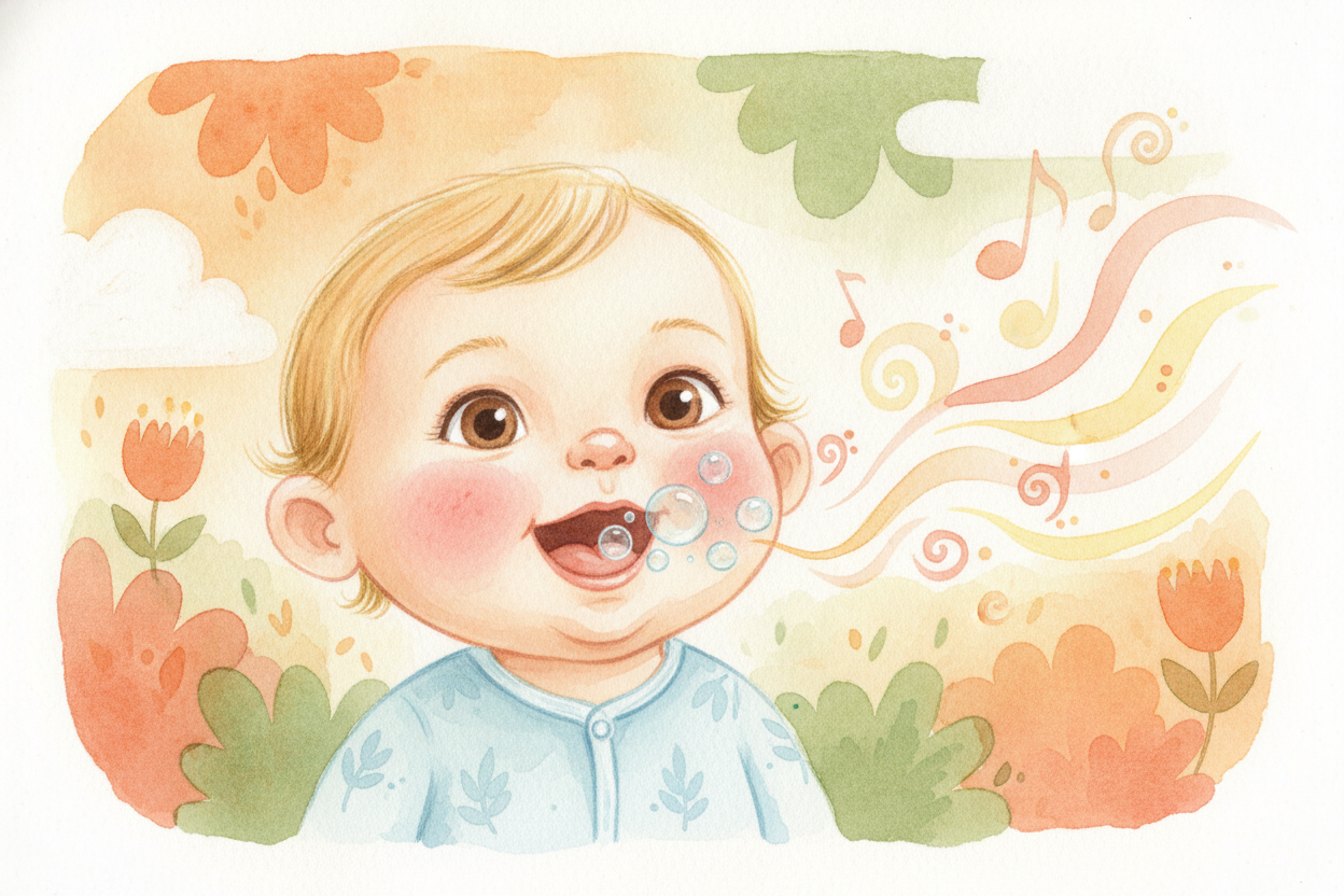 Then comes babbling — "bababa," "gagaga," "dadada." ~~This isn't nonsense.~~ It's practice. The baby is **a tiny musicia