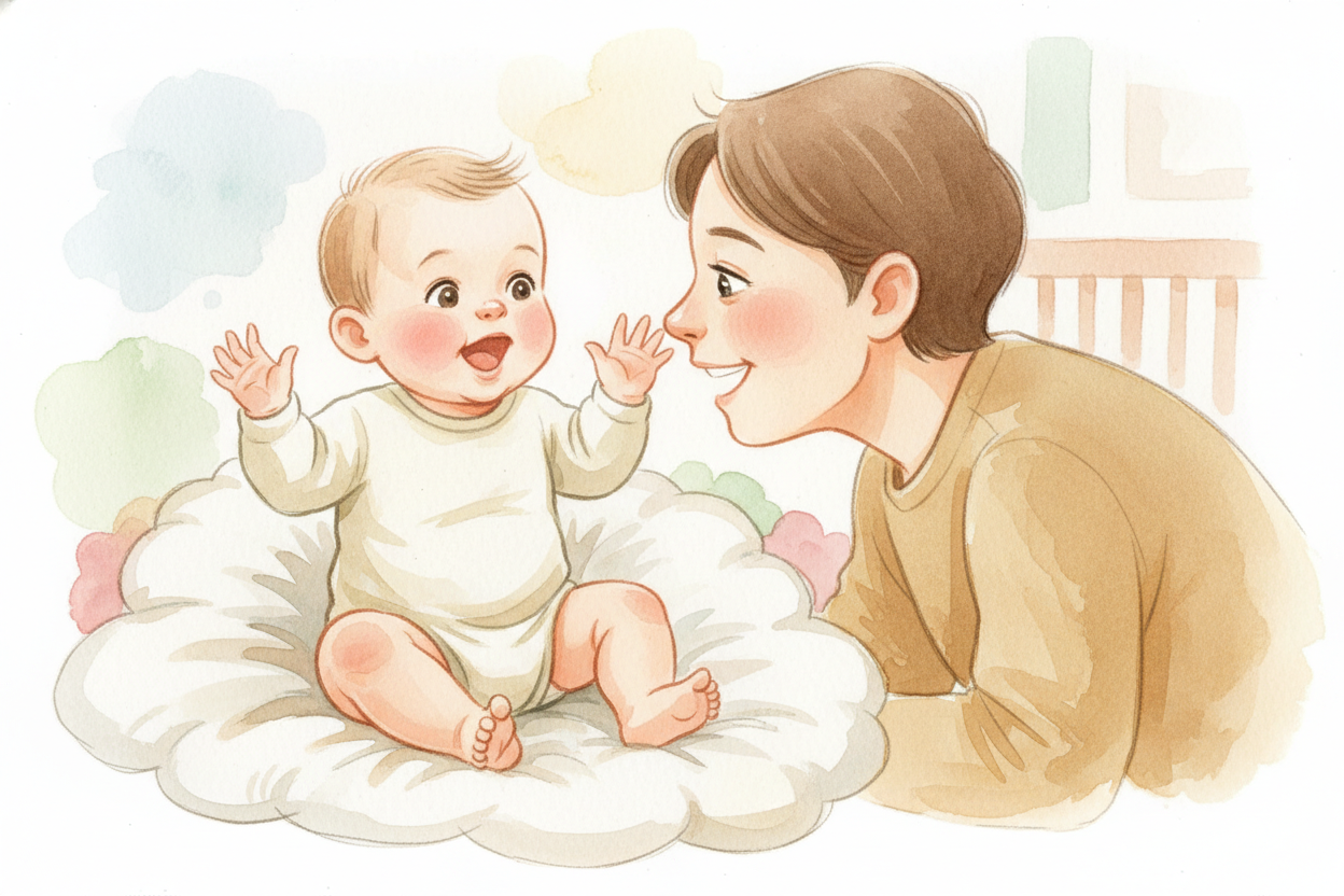 **여섯 달쯤** 되면 옹알이가 시작돼요. "~~바바바바. 다다다다. 마마마마.~~" 아무렇게나 내는 소리처럼 들리지만, *사실은 연습이에요*. 아기는 혀, 입술, 목소리를 시험해 보며 어떤 입 모양이 어떤 소리를 