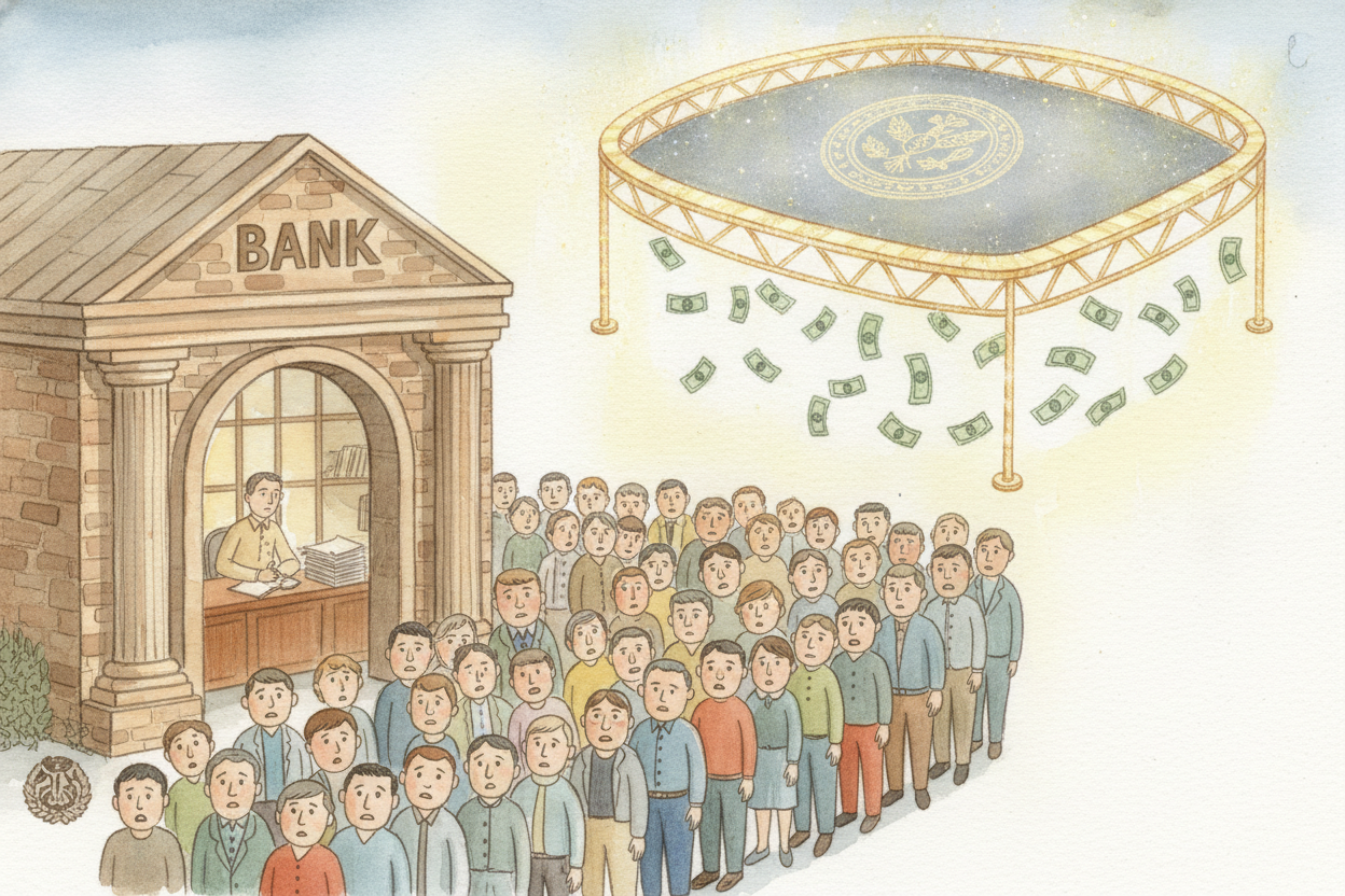 ~~What if everyone wants their money at once?~~ In the old days, that caused a disaster called a ++bank run++ — people p