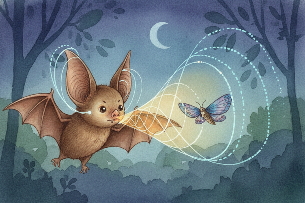 The sound waves fly forward, fast. When they hit something — a tree branch, a moth, a telephone pole — they bounce back.
