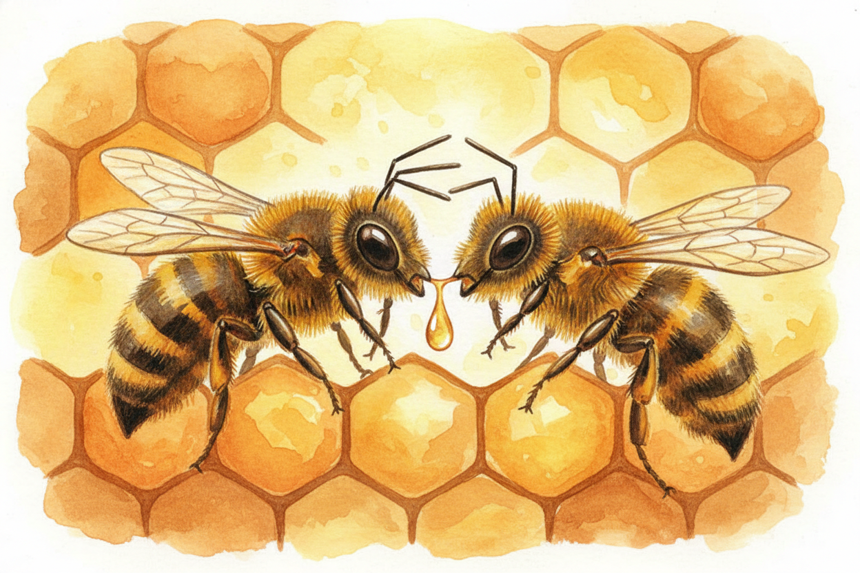 She flies home with a belly full of nectar, but it's still just flower juice — **thin, watery, nothing like honey yet**.
