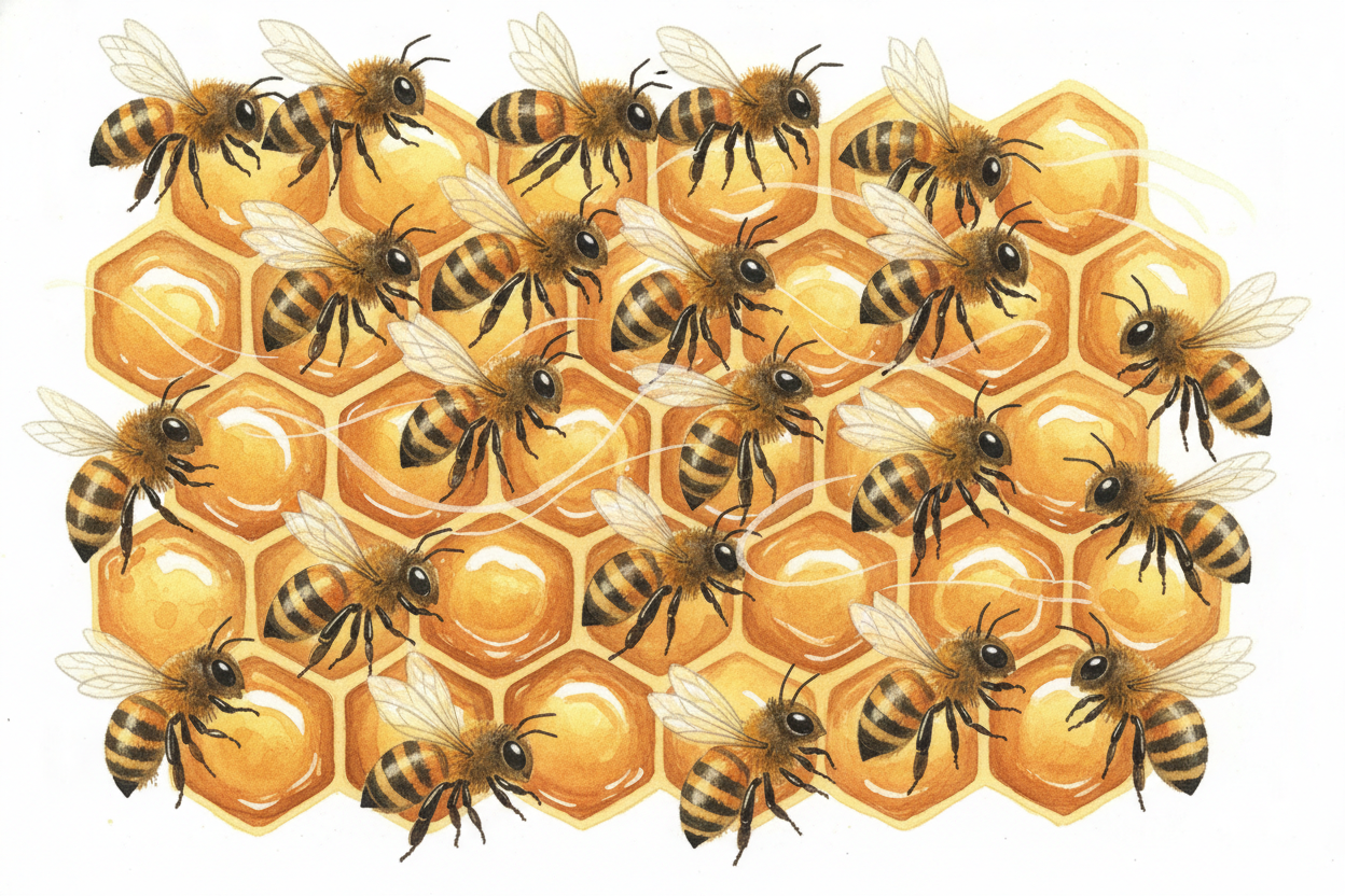 Eventually, a ++house bee++ tucks the processed nectar into an open cell of the honeycomb — a little *hexagonal cup made