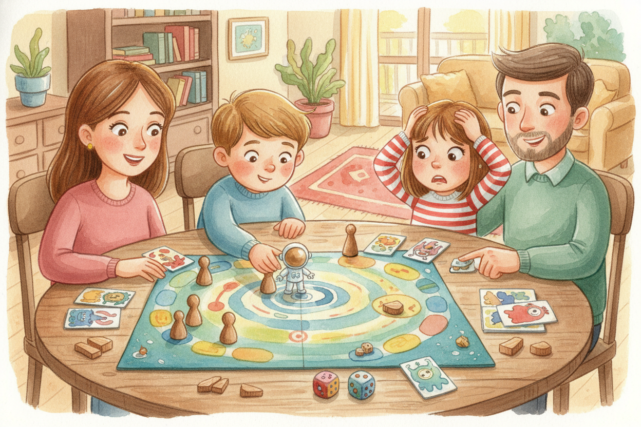 You roll the dice. You move your little plastic astronaut three spaces forward. Your sister groans because you landed on
