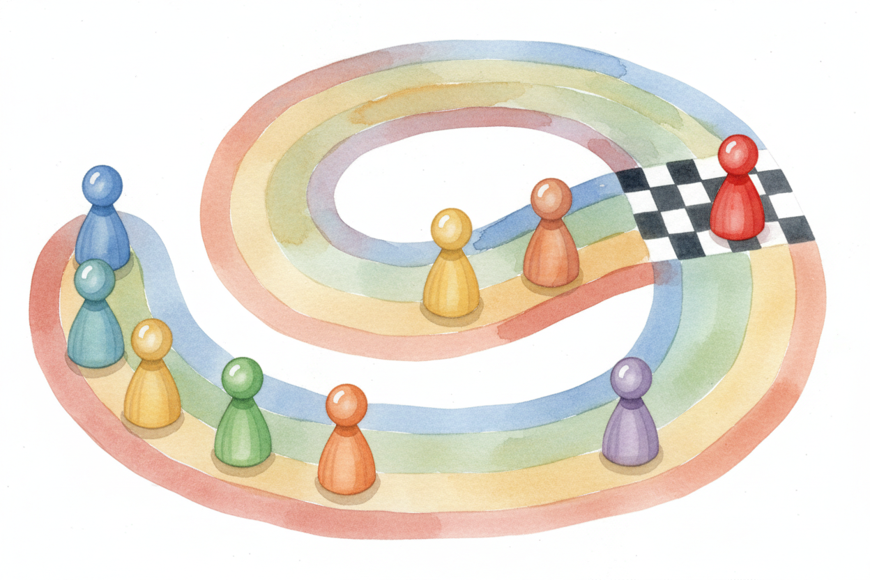 Some games ask the simplest question: "~~Who got there first?~~" In a racing game, the finish line is the answer. *First
