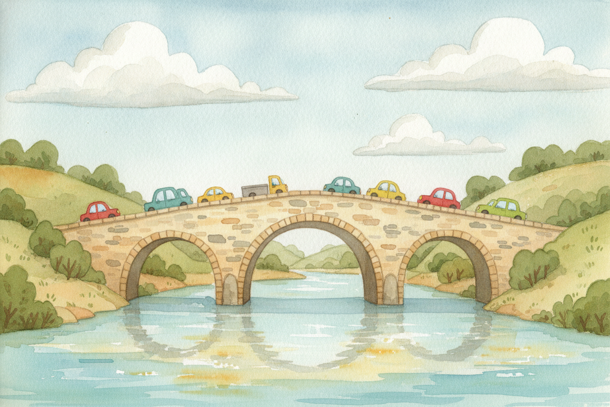 A bridge looks almost lazy, doesn't it? Just lying there, stretched across a river while trucks and buses thunder over i