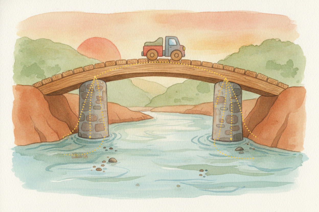 That handing-down has a name: ++load path++. It's the route the weight travels from the car to the dirt. A good bridge m