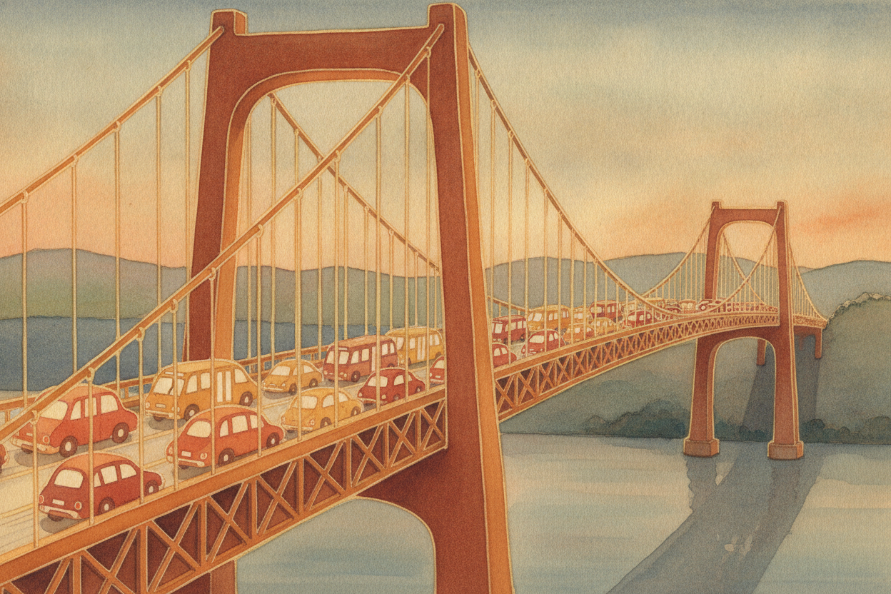 ~~So why so many cars?~~ Because a bridge **doesn't catch all that weight at once with one heroic part**. It spreads the