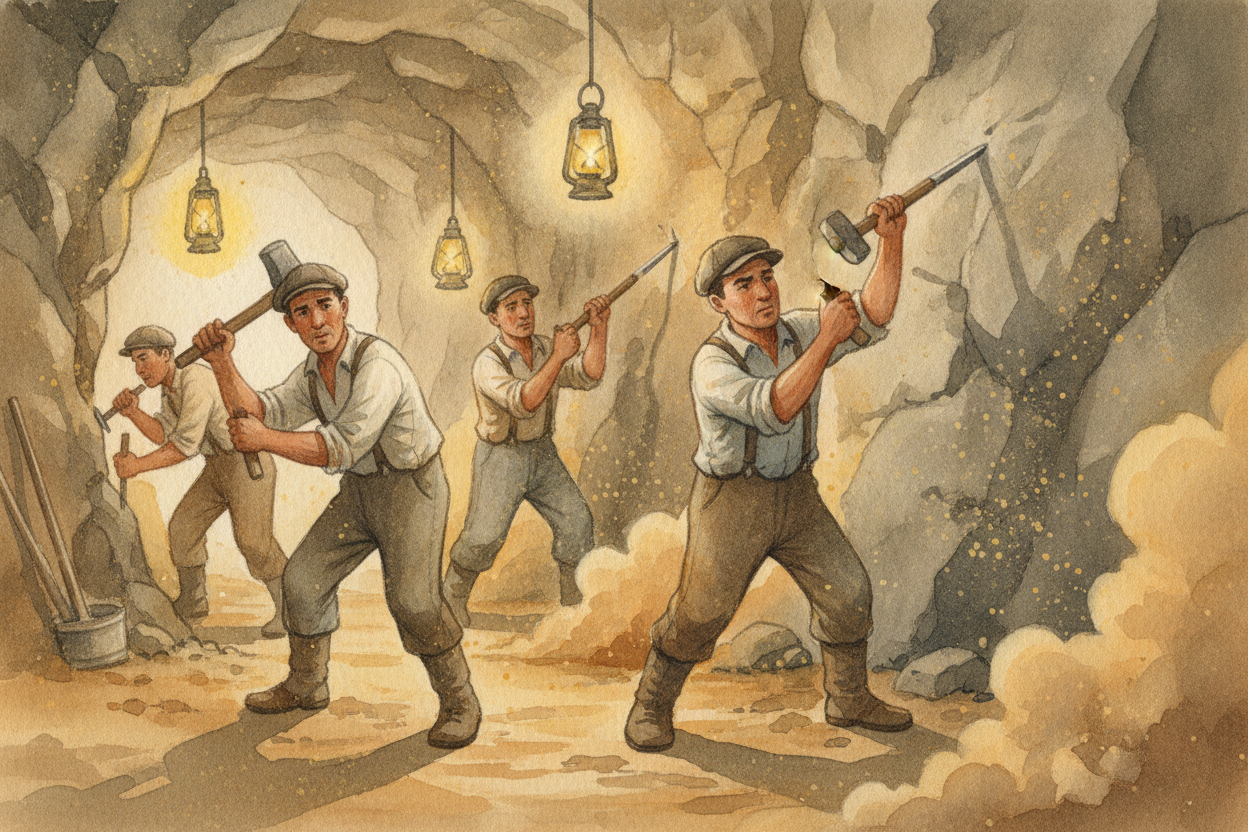 Long ago, the only tools were hammers, chisels, and aching arms. Crews chipped at the rock one swing at a time, **inch b