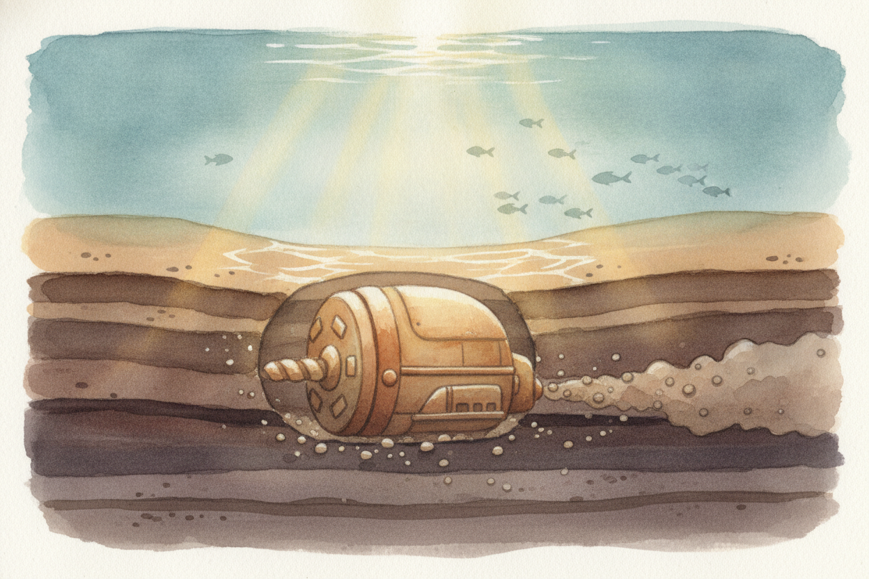 Now for the trickier question: ~~how do you dig *under water*?~~ You might think machines **plunge straight down** throu