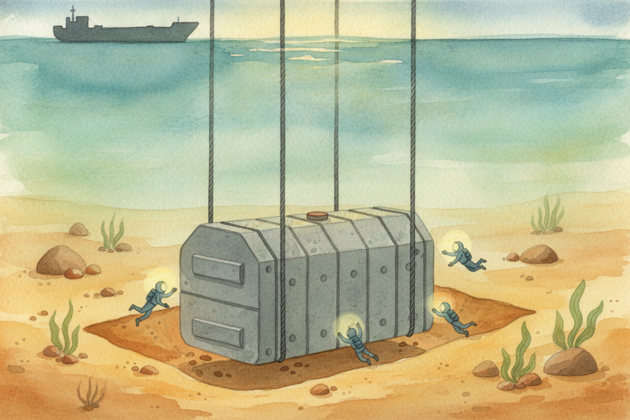 It's called the ++immersed tube++. Builders make giant hollow concrete boxes on dry land, seal both ends, and float them