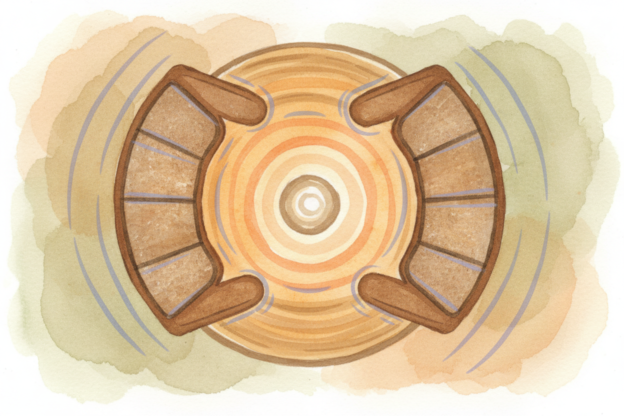 At each wheel, the pressurized fluid pushes two pads against the spinning rotor — one pad on each side, **like a hand cl