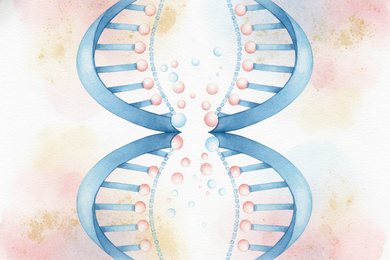 **영리한 부분은 바로 여기야.** ++DNA++ 사다리는 가운데를 따라 *지퍼처럼 열리면서*, 가로대 하나하나가 둘로 나뉘어. 이제 외로운 반쪽 사다리 두 개가 생겼지. ~~하지만~~ 반쪽 사다리는 쓸모없지 않아.