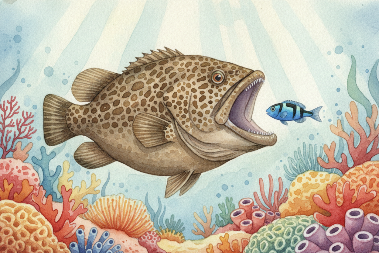 Deep on the coral reef, something strange is happening. A huge grouper — big enough to swallow a basketball — opens its 