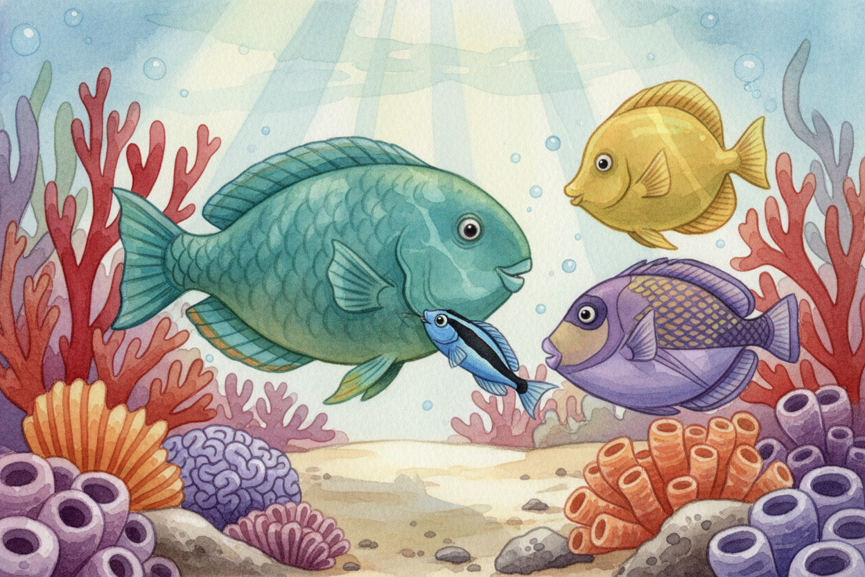 The little fish is a ++cleaner wrasse++, and it runs an underwater cleaning station — **like a car wash, but for fish**.
