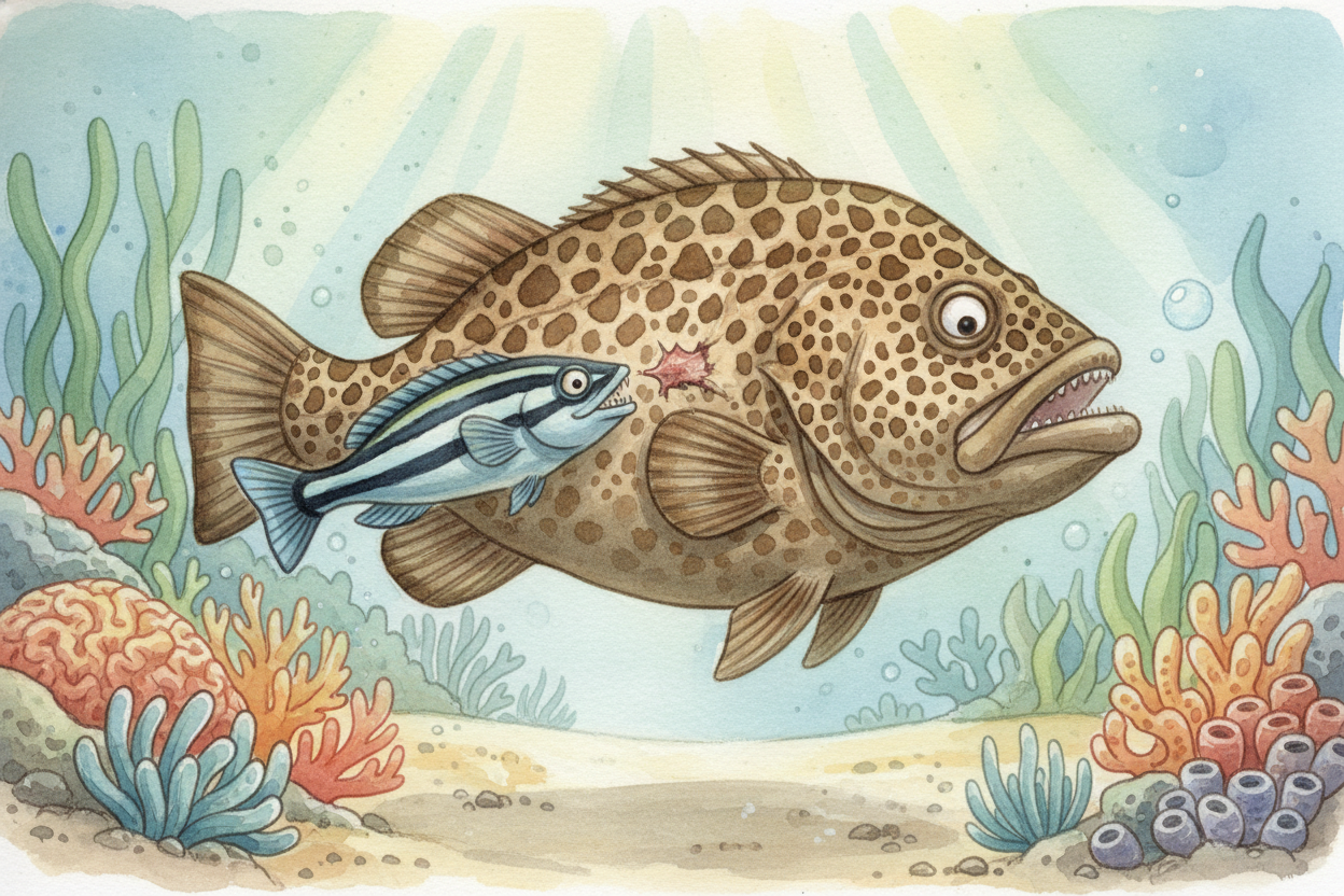 ~~But here's where it gets sneaky.~~ Some fish cheat. The ++bluestriped fangblenny++ looks almost exactly like a ++clean