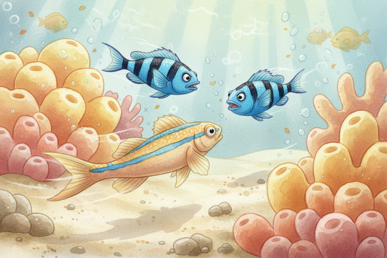 ~~The real cleaner wrasses hate this.~~ When a fangblenny shows up, they chase it away from their territory **like a bou