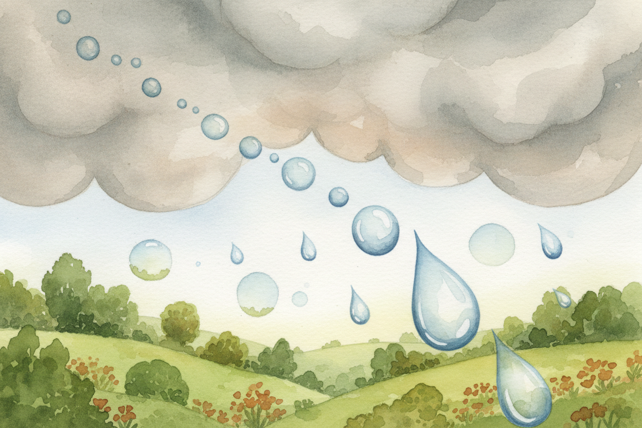 Eventually, droplets **bump into each other and stick together**, growing bigger and heavier. When they get heavy enough
