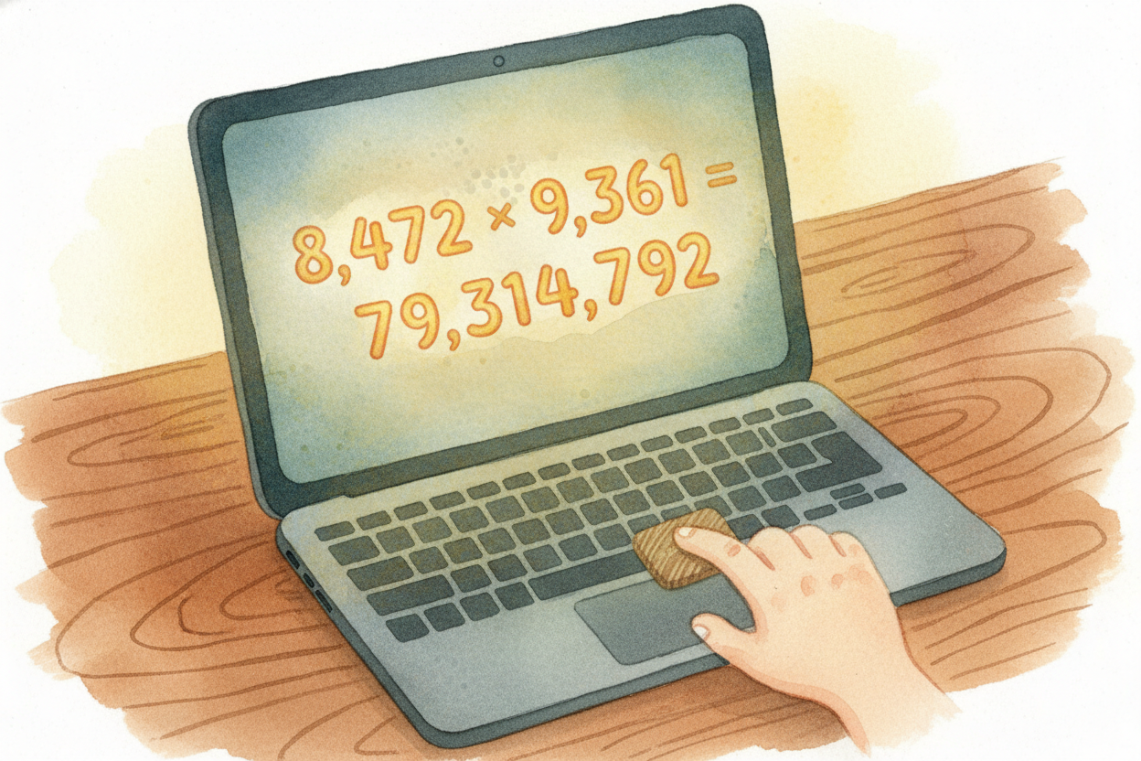 You press a button and instantly your computer tells you that 8,472 times 9,361 equals 79,314,792. It doesn't pause. It 