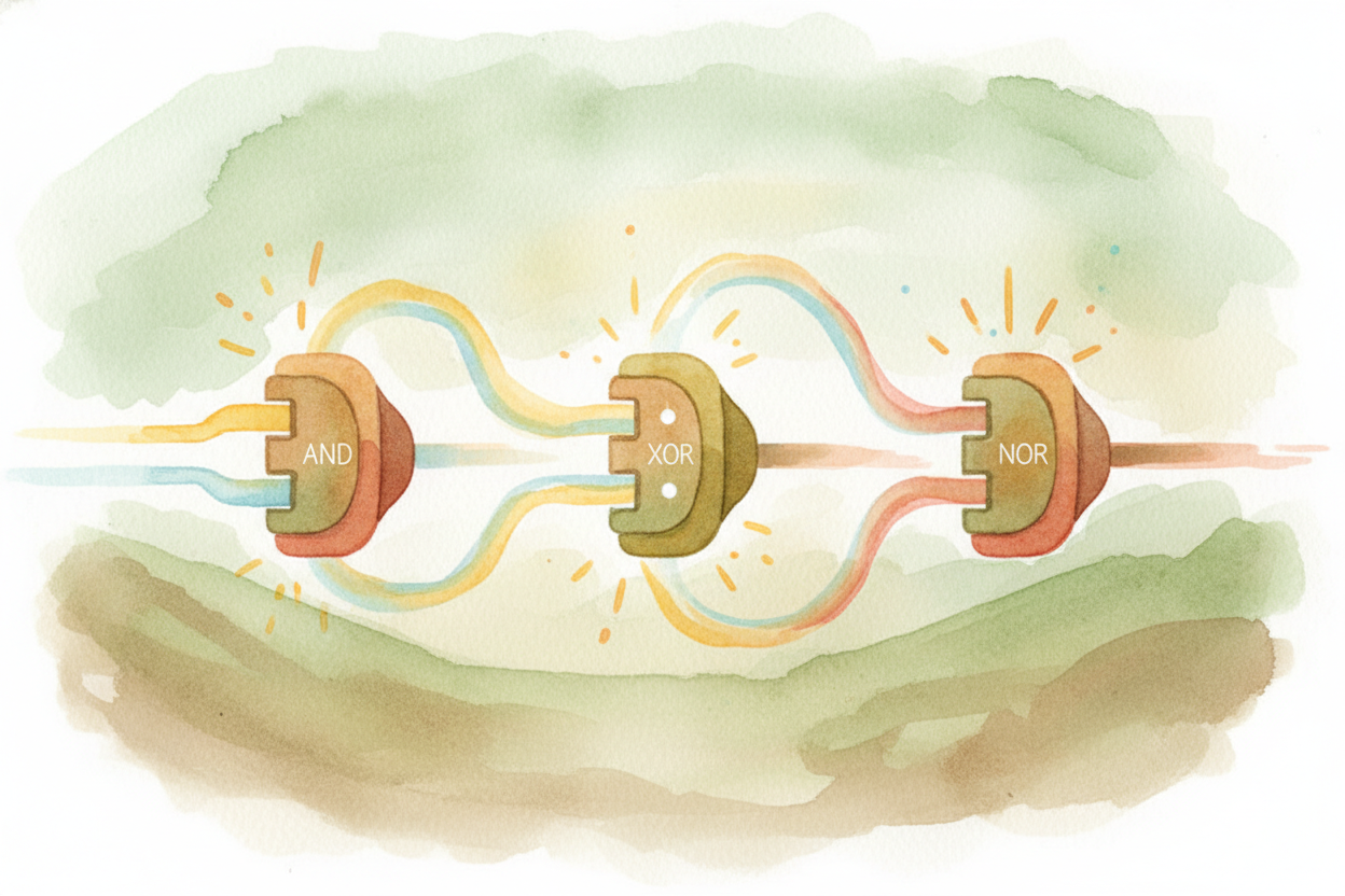 ~~Here's the trick:~~ these logic gates follow simple rules. An AND gate **lights up only if both its inputs are on**. A