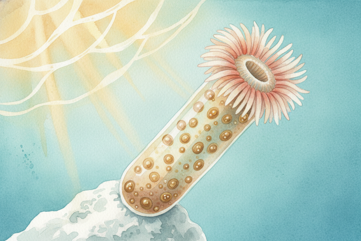 ~~Now here's the secret weapon:~~ each polyp has a roommate. Tiny algae called ++zooxanthellae++ live inside the polyp's