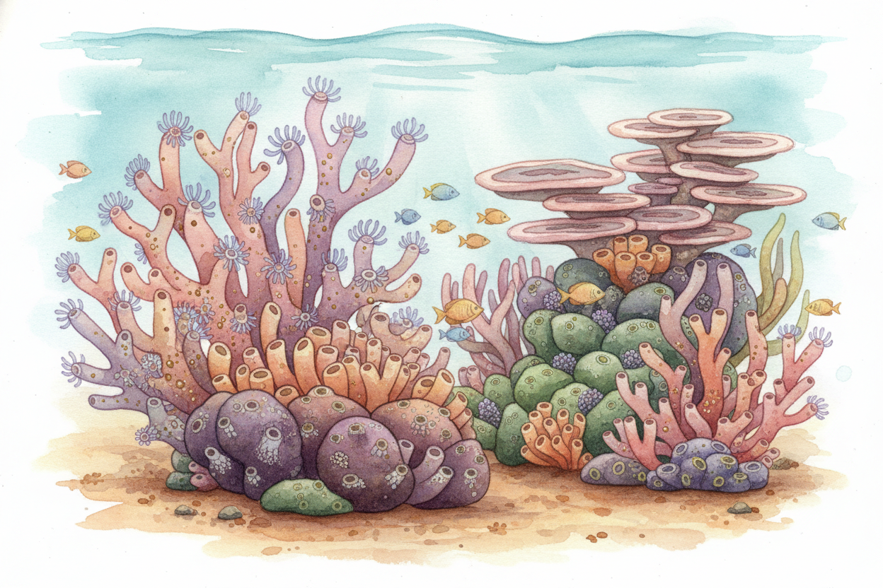 Different coral species build different architecture. Some make **branching fingers reaching toward the light**. Others 