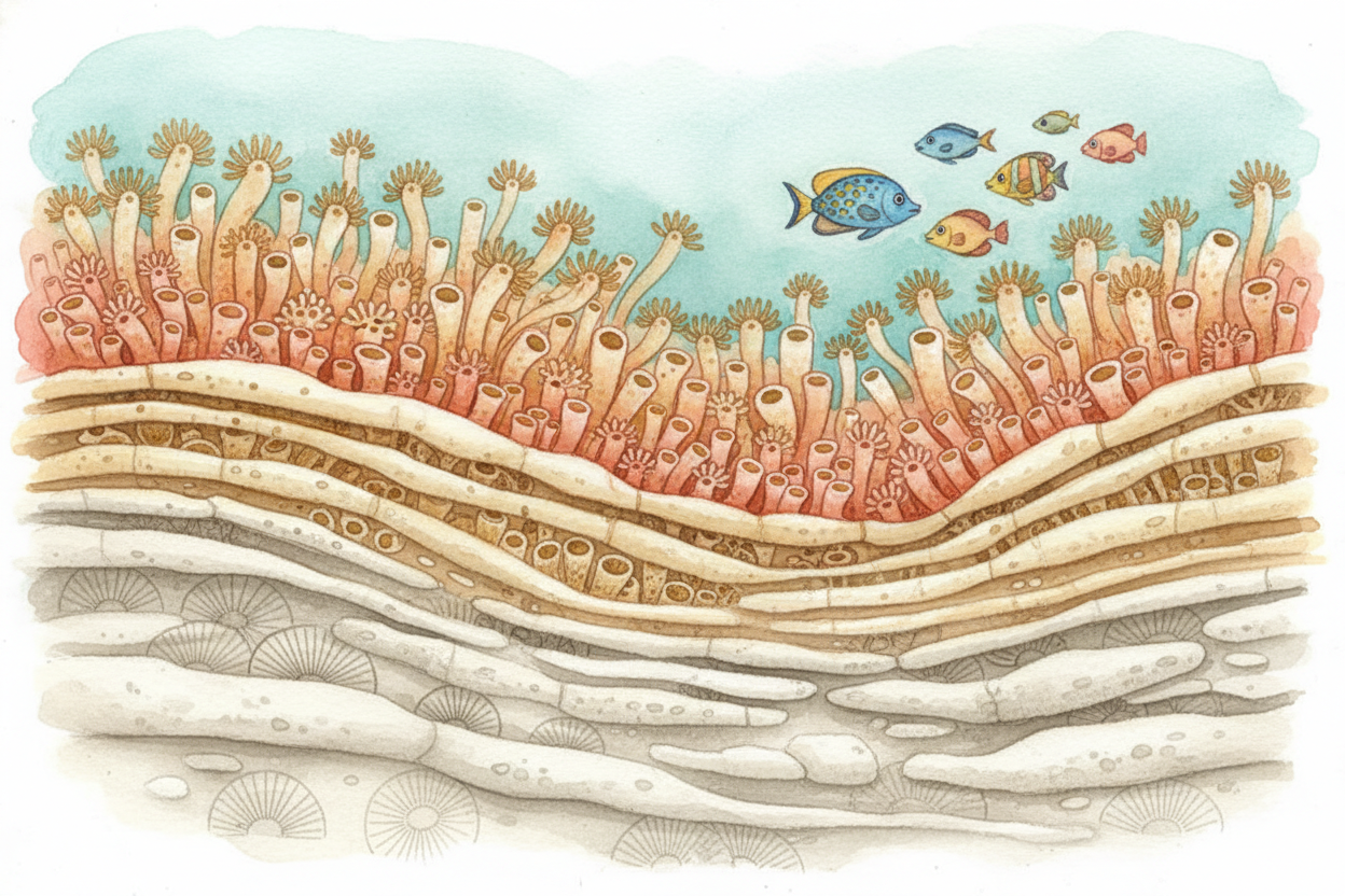 Over **hundreds and thousands of years**, the skeleton piles up. *Old colonies die, their skeletons remain*. New larvae 