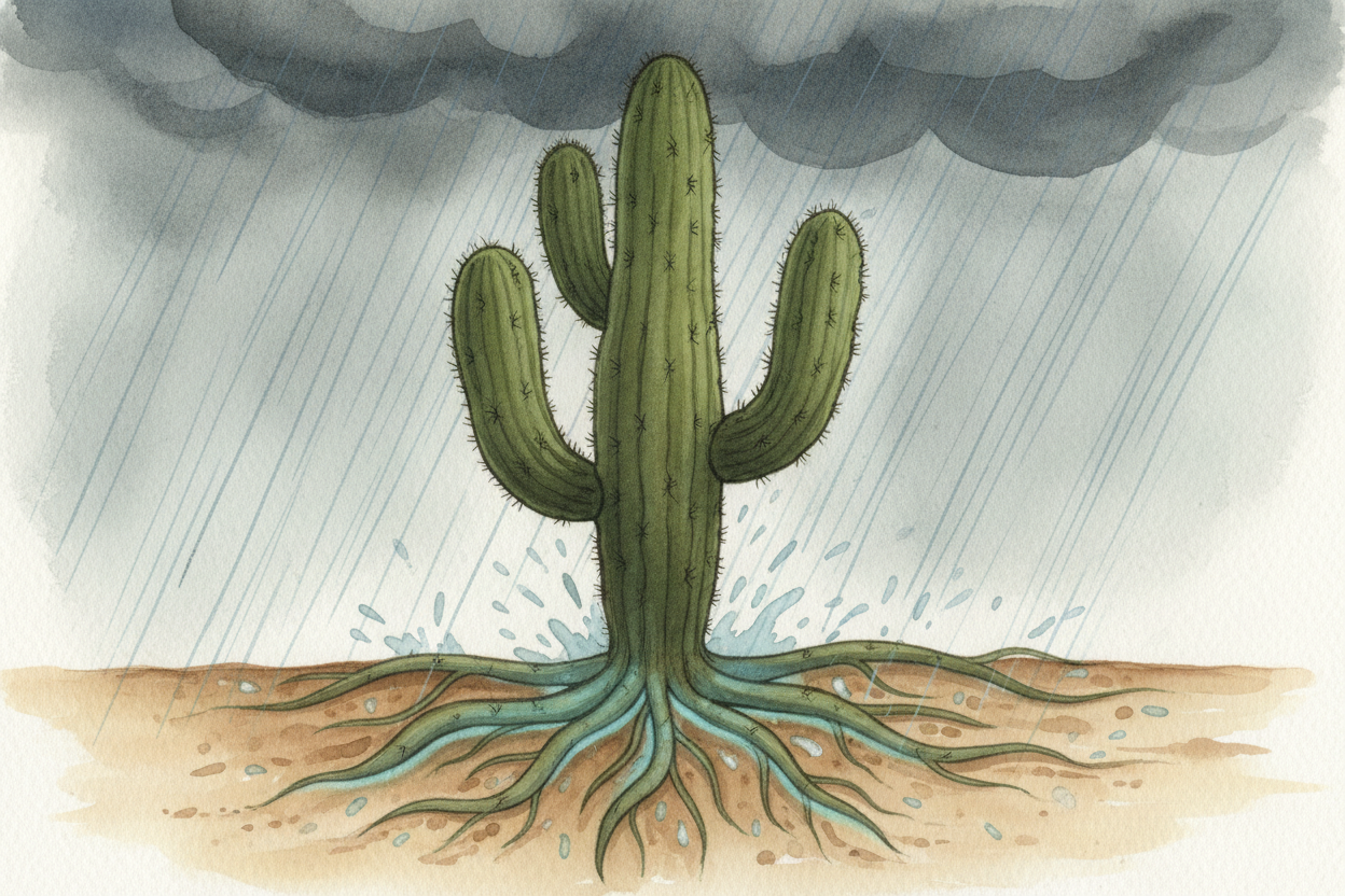 ~~The secret is storage.~~ Desert plants are like **tiny water towers with roots**. When rain finally comes, they drink 
