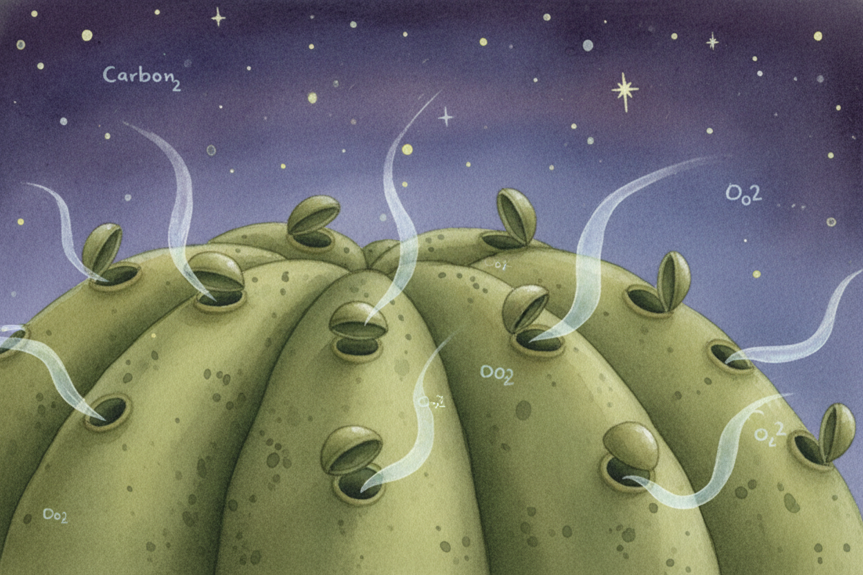 Those breathing holes—called ++stomata++—open and close **like little trapdoors**. Most plants open them during the day 