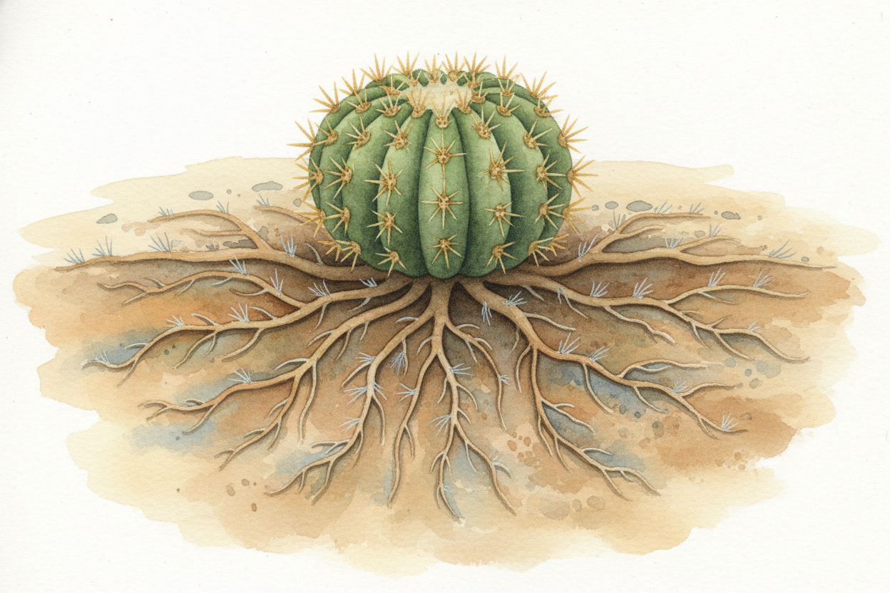 The roots are part of the system too. Cactus roots spread out wide and shallow—sometimes **fifty feet across but only a 