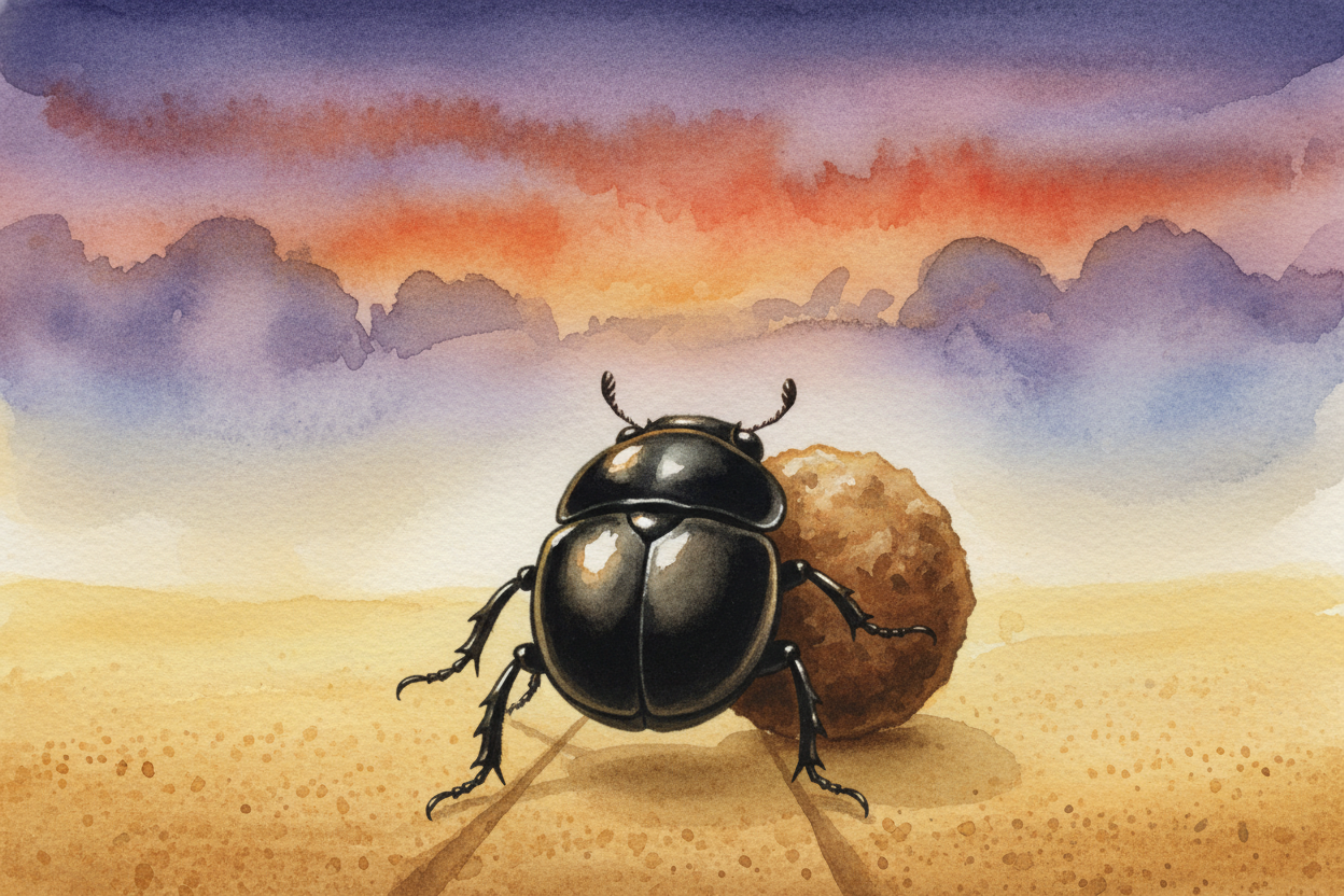 Picture a ++dung beetle++ — shiny black armor, spindly legs — rolling a ball of poop backward across the sand. It's dinn