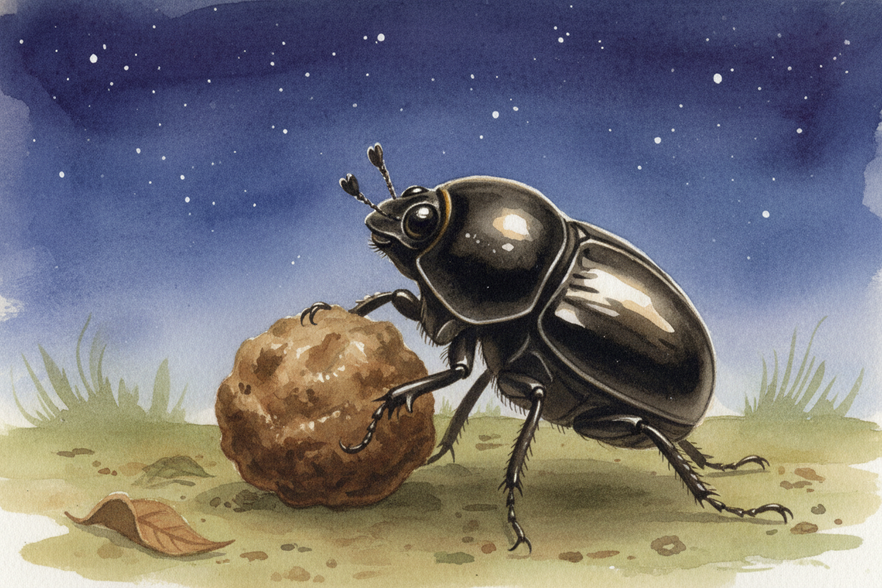 The beetle **uses the sky as a compass**. Not the sun — ~~too bright to stare at~~ while you're hauling cargo. The beetl