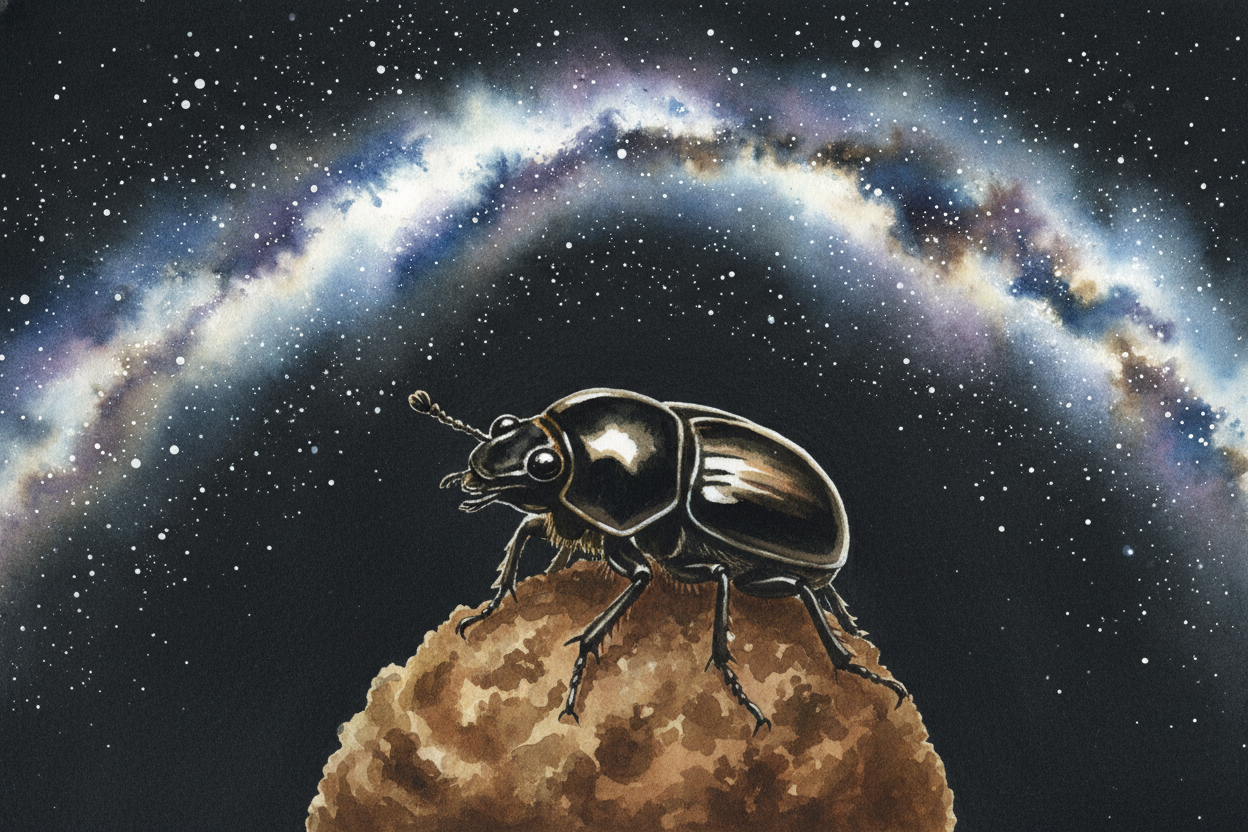 But what about a moonless night, when the sky is just a spill of stars? ~~Here's where it gets wild.~~ The beetle doesn'