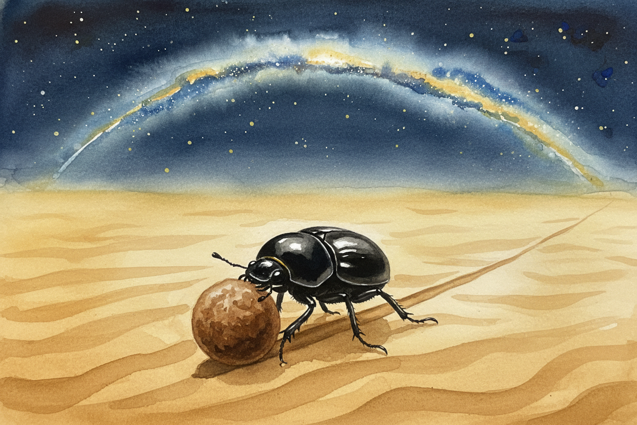 ~~And here's the kicker:~~ the beetle takes a **"snapshot"** of the sky the moment it starts rolling, stores that light 