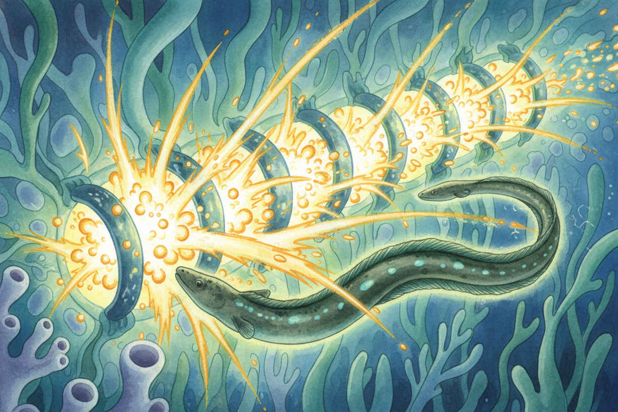 When the eel's brain sends the signal — ~~ZAP~~ — **all those doors fly open at once**. The sodium ions rush in through 